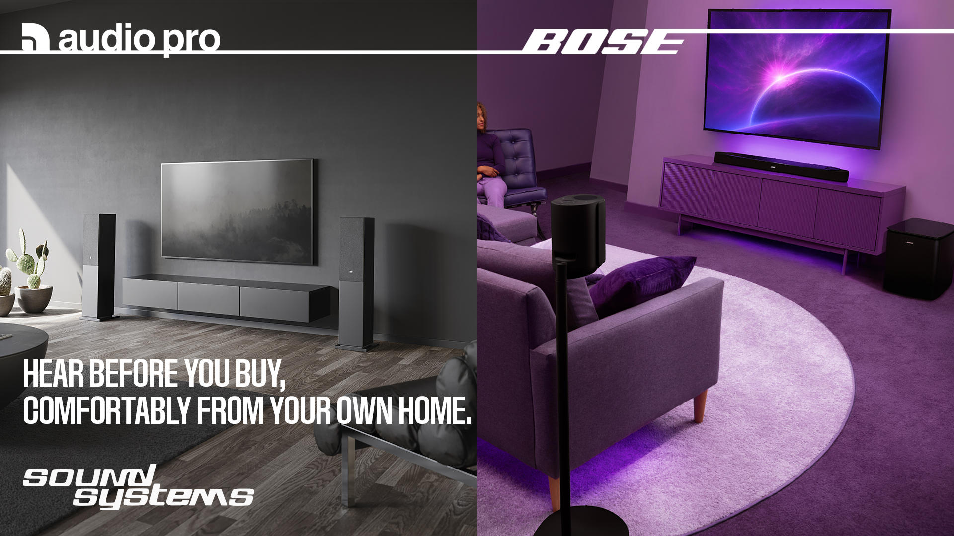 Split-screen living room ad: gray-toned left side with TV and floor speakers, purple-lit right side showcasing a home theater setup.