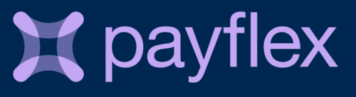 Payflex logo: lavender 'payflex' text with a purple abstract icon on a dark blue rounded rectangle.